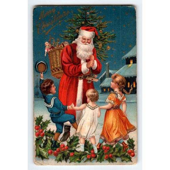 Vintage Christmas Postcard Santa Claus with Children and Tree - Picture 1 of 2